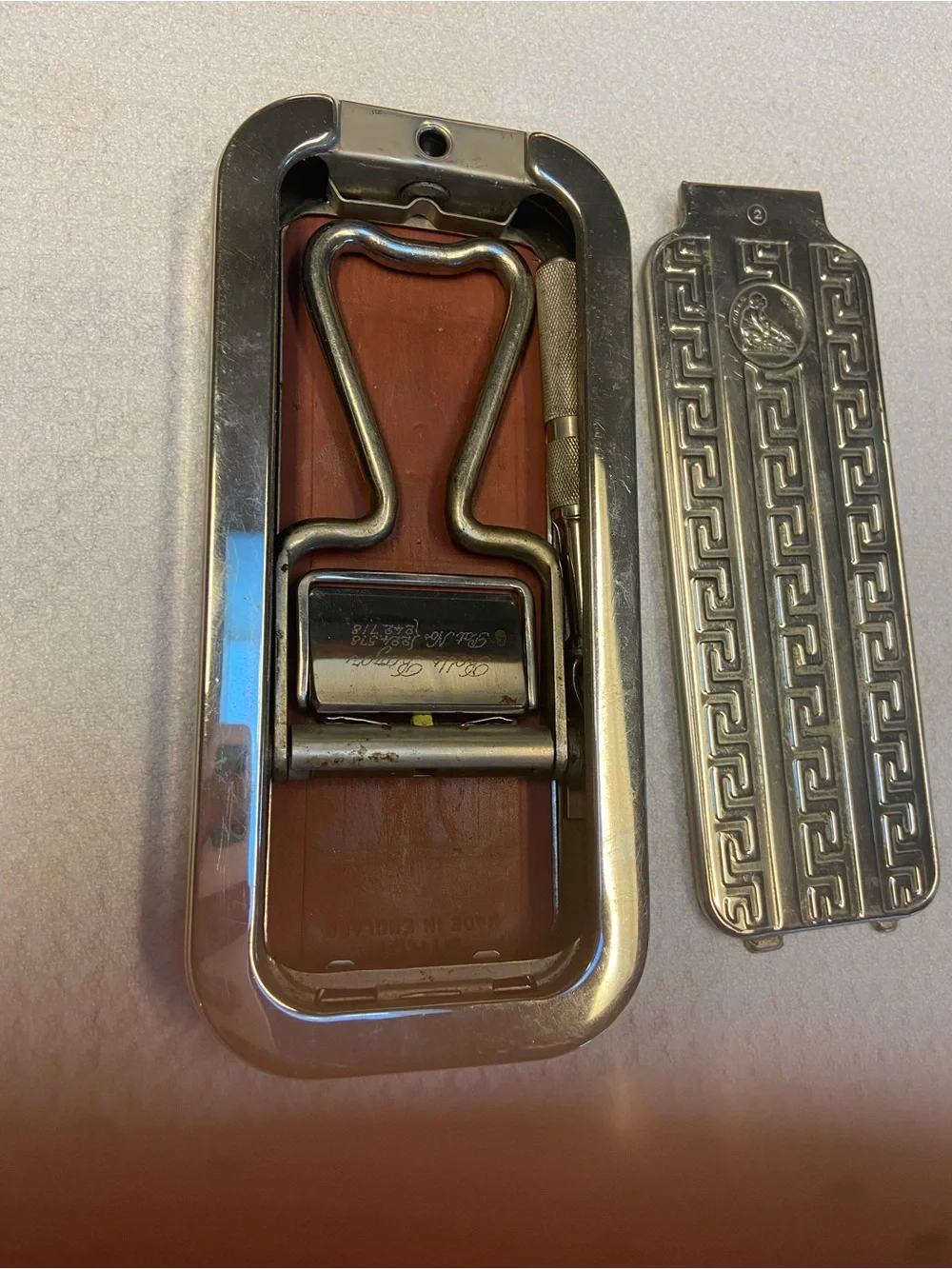 Silver Metal Rolls Razor Whetter Decorative Case with Greek Key Pattern